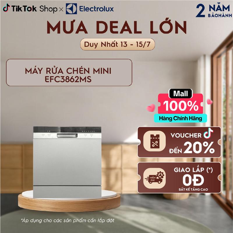 Máy Rửa Bát Mini Electrolux 8 bộ EFC3862MS Tự động mở cửa, diệt khuẩn bằng hơi nước - Giao Lắp 0Đ