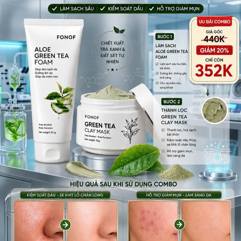 FONOF Combo trà xanh Aloe Green Tea Foam & Green Tea Clay Mask - Ngừa Mụn, Thanh Lọc Da Làm Sạch Bã Nhờn, Giúp Da Mịn Màng trắng sáng