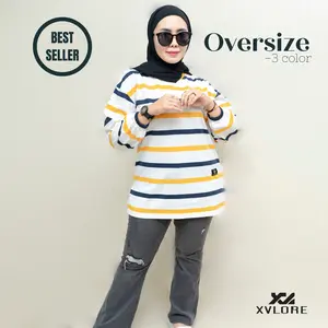 Xvlore | Termurah  Baju ATASAN  Top  Kaos Over Size Wanita PREMIUM  garis 3 Warna Lengan Kerut edisi Terbatas bahan Katun