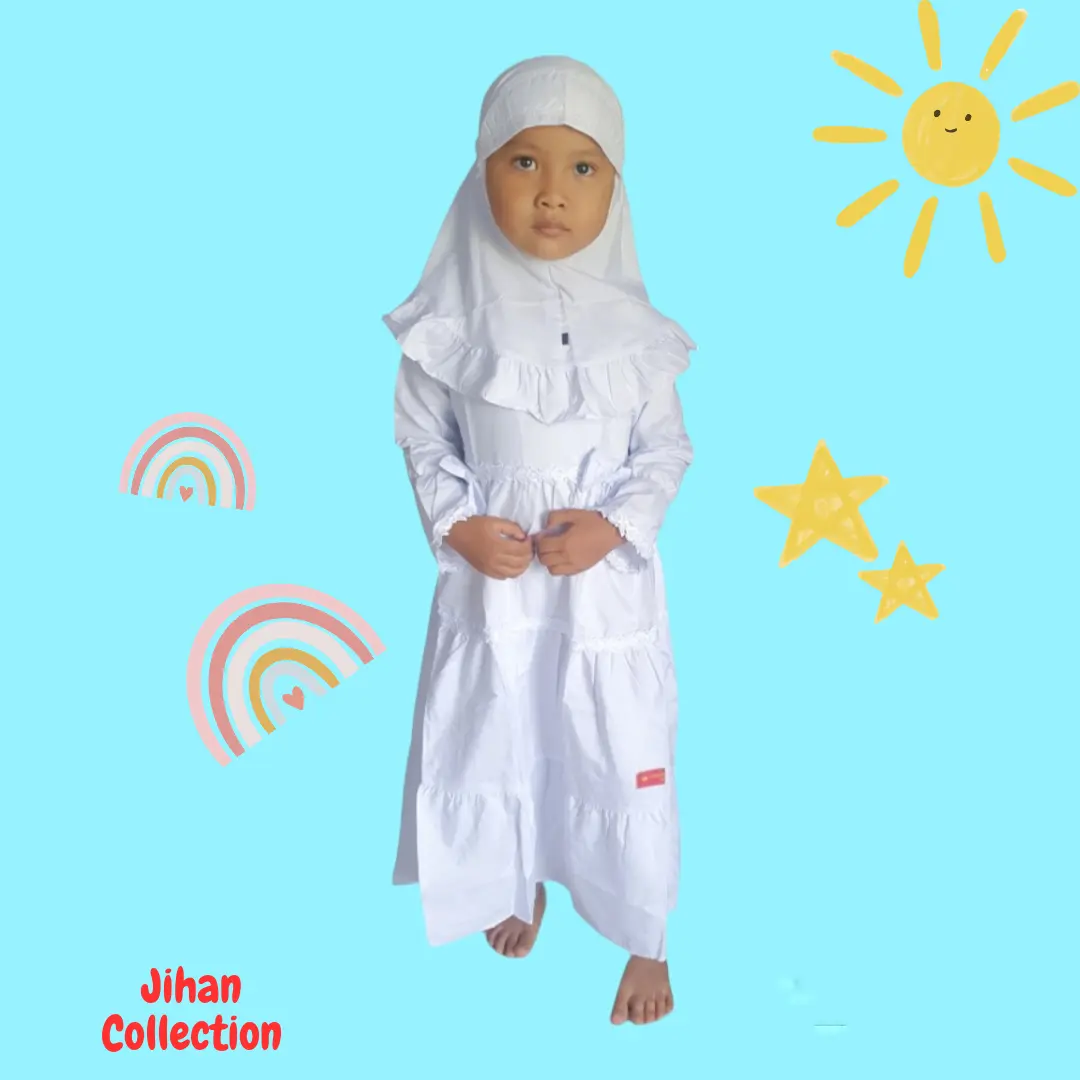 Gamis Putih Anak Perempuan Katun || Baju Muslim Putih Anak Perempuan Manasik Haji Bordir Renda Jilbab Nyaman Syari Dress Lebaran Kombinasi Remaja Tanggung baju  manasik