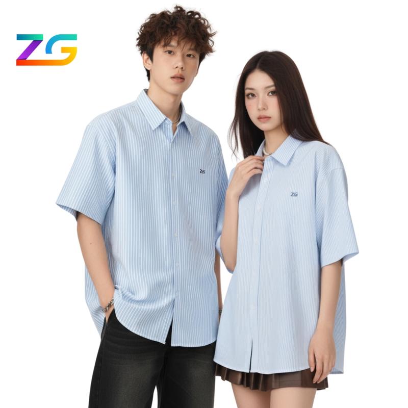 Áo sơ mi ngắn tay ZGO họa tiết kẻ sọc chất liệu oxford form oversize unisex 3 màu xanh, hồng, xám Unisex Cổ Tròn Có Cổ Nữ Women sơ  mi Top Shirt