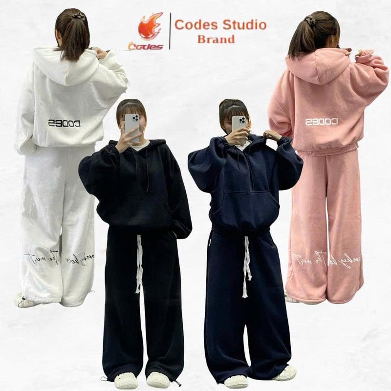 [ĐỘC QUYỀN TIKTOKSHOP] Set bộ hoodie nam nữ nỉ bông cotton from rộng Codes in lụa nón to 2 lớp oversize basic dáng suông thu dông cặp đôi bigsize