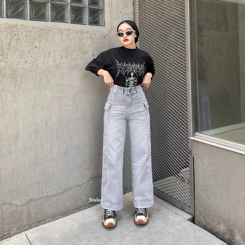 JINISO HANDS UP - 415 Cargo Baggy Highwaist Celana Jeans Wanita 3