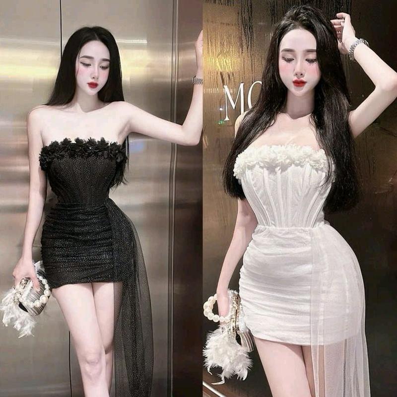  Đầm body cúp hoa ngực nhún bụng voan kim tuyến kèm quần đầm đi tiệc Nữ Women Kim Tuyến Dress váy ngắn 