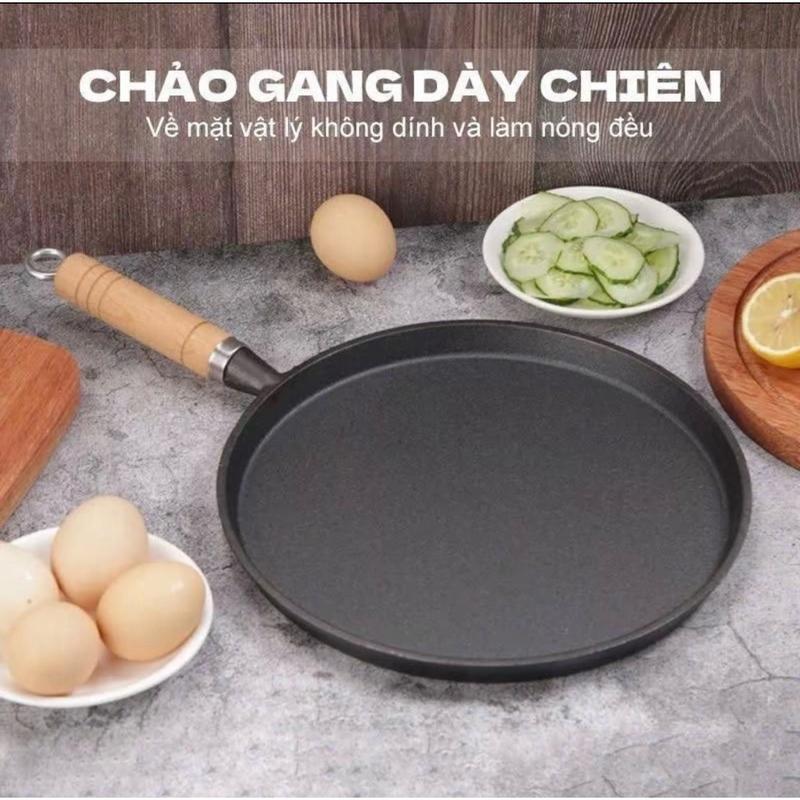 Chảo Gang Chống Dính Đúc Nguyên Khối 20cm, Đáy Phẳng Tay Cầm Gỗ Cách Nhiệt…