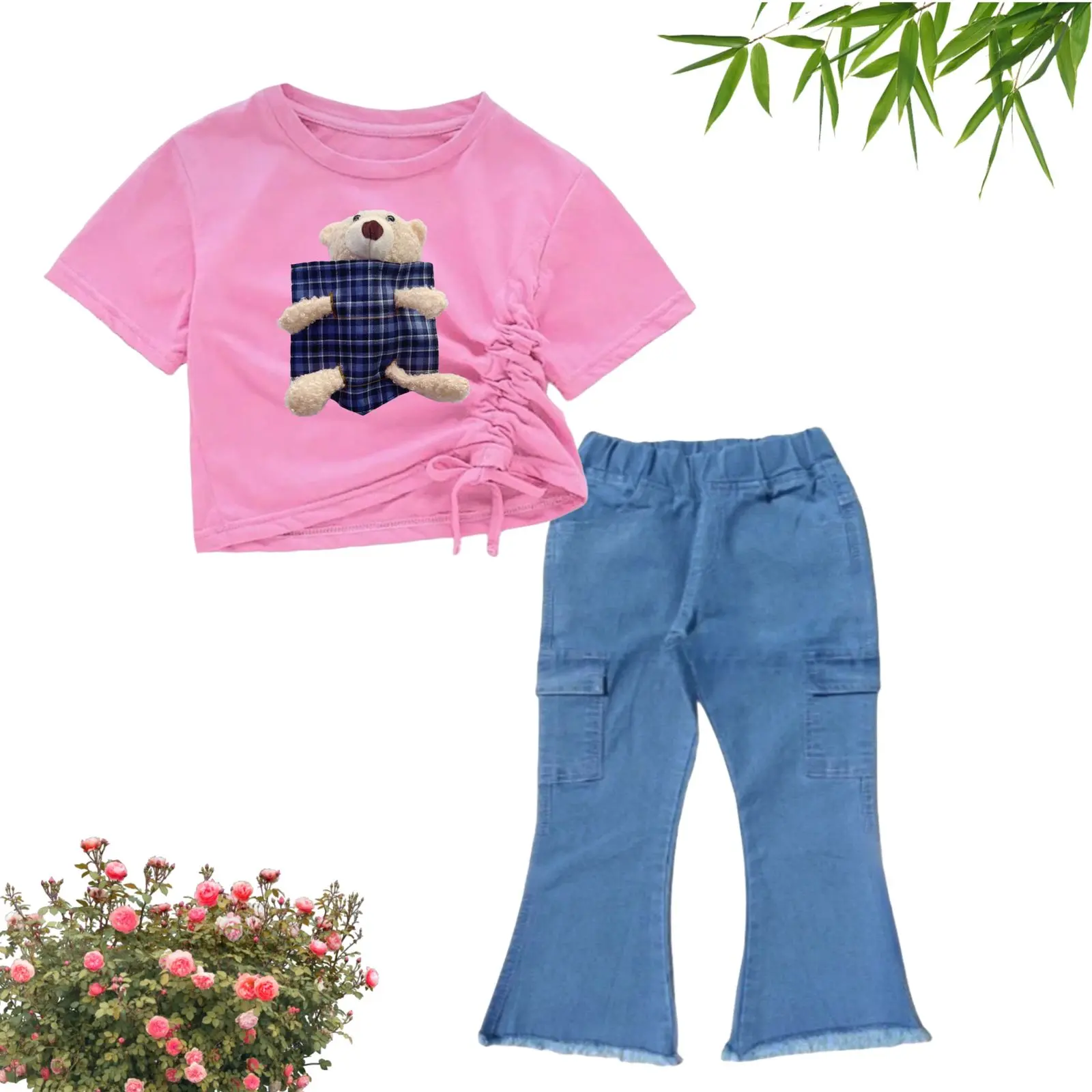 SETELAN ANAK PEREMPUAN CUTBRAY CARGO DAN KAOS SERUT BONEKA