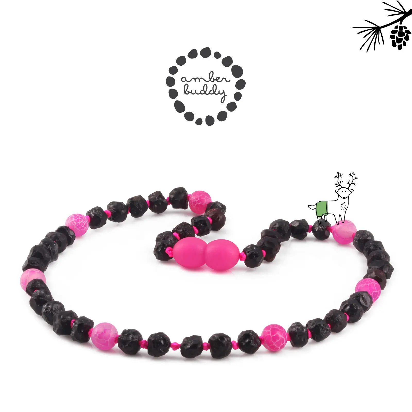 Amber Buddy | LE570 Kalung Bayi Amber Kombinasi Pink Frost Agate. 32cm