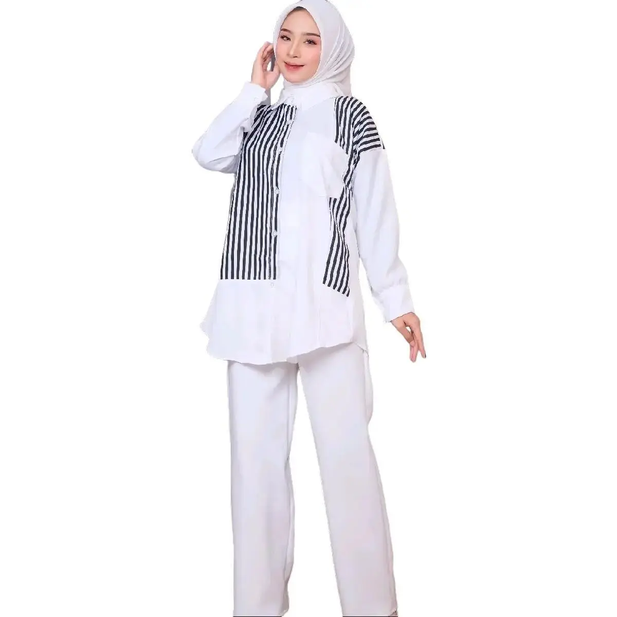 Kemeja Wanita Linen Oversize Leon Katun Salur Import Bangkok Terbaru 2025 - Hitam, Kancing, Casual, Panjang, Kantong
