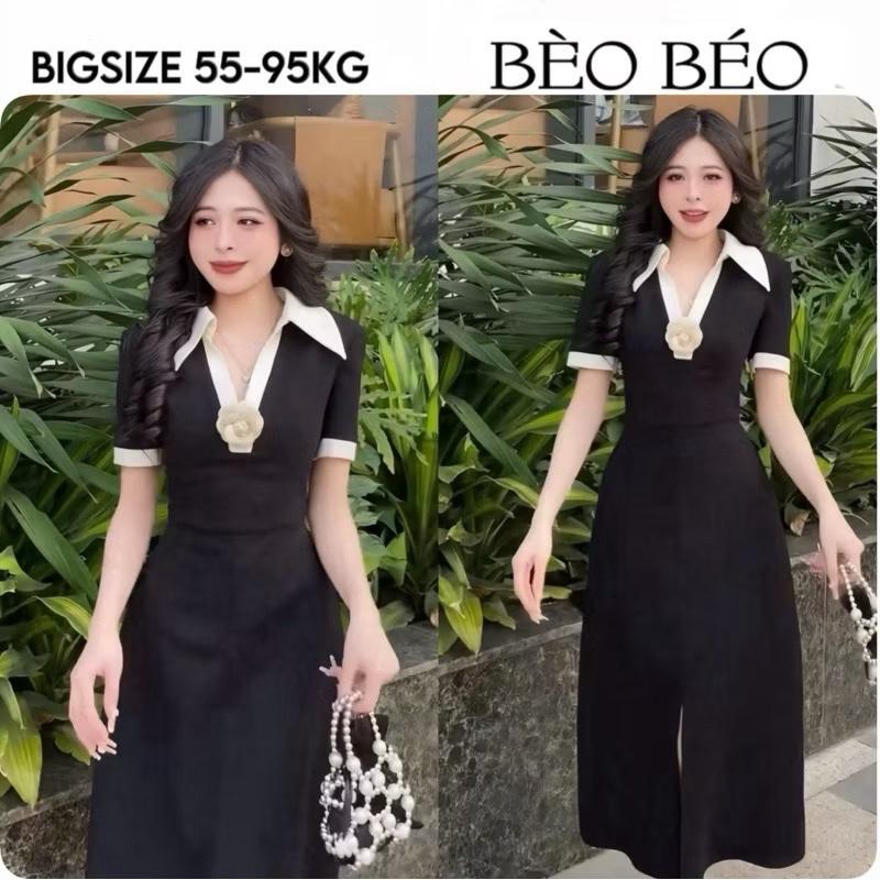 [Bèo Béo Bigsize ] Váy Maxi Cổ Bẻ Trắng Basic Dáng Xoè Xẻ  Kèm Tag Hoa Form Bigsize 60-90Kg