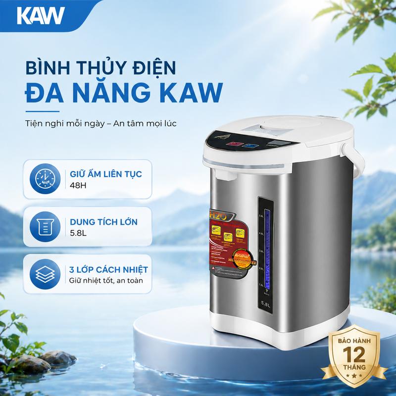 Bình Thủy Điện KAW Dung Tích 5,8 Lít Đun Sôi Và Giữ Nhiệt An Toàn, Vỏ Thép Không Rỉ