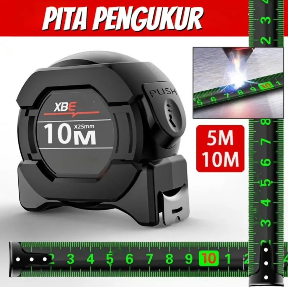 ALLIANCE Meteran Penggaris Neon Meter Berteknologi Hitam dengan Pita Pengukur Impor 5m-10m