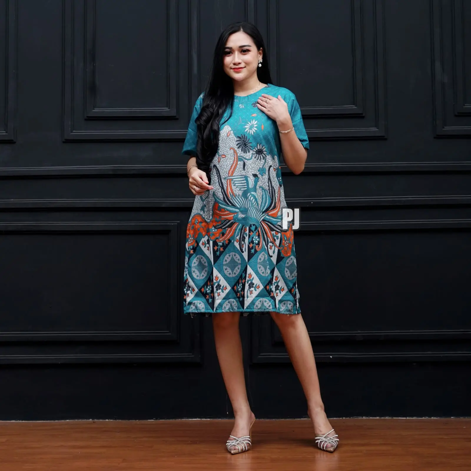 batik wanita Dress Lengan Pendek motif Ayam Biru  Cantik Casual Baju Seragam Terusan Nyaman Panjang Katun