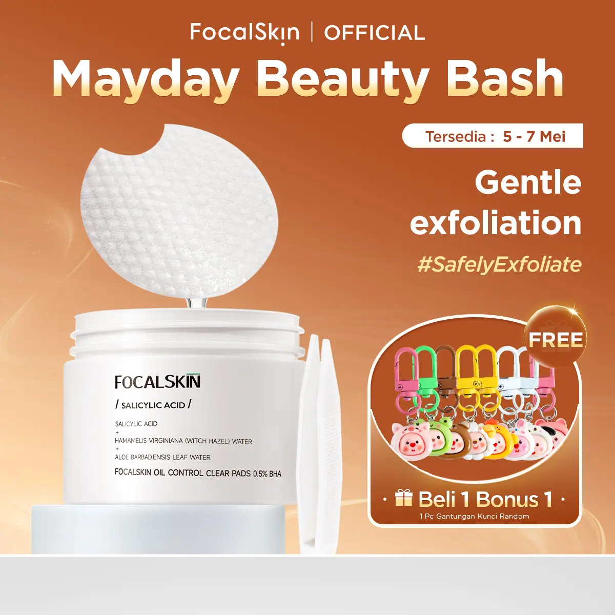 FOCALSKIN Acne Safely Exfoliate Clear Pad 60 pads Kapas Exfoliating Pad 0.5% Salicylic Acid Eksfoliasi Wajah Cleaning Toner Pad Exfo Pad Untuk Berjerawat Bruntusan