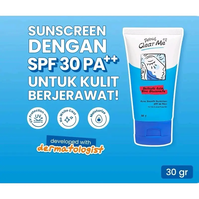 DERMIES Clear Me Acne Smooth Sunscreen SPF 30 Pa++ 30g - Suncreen Wajah Berjerawat buat