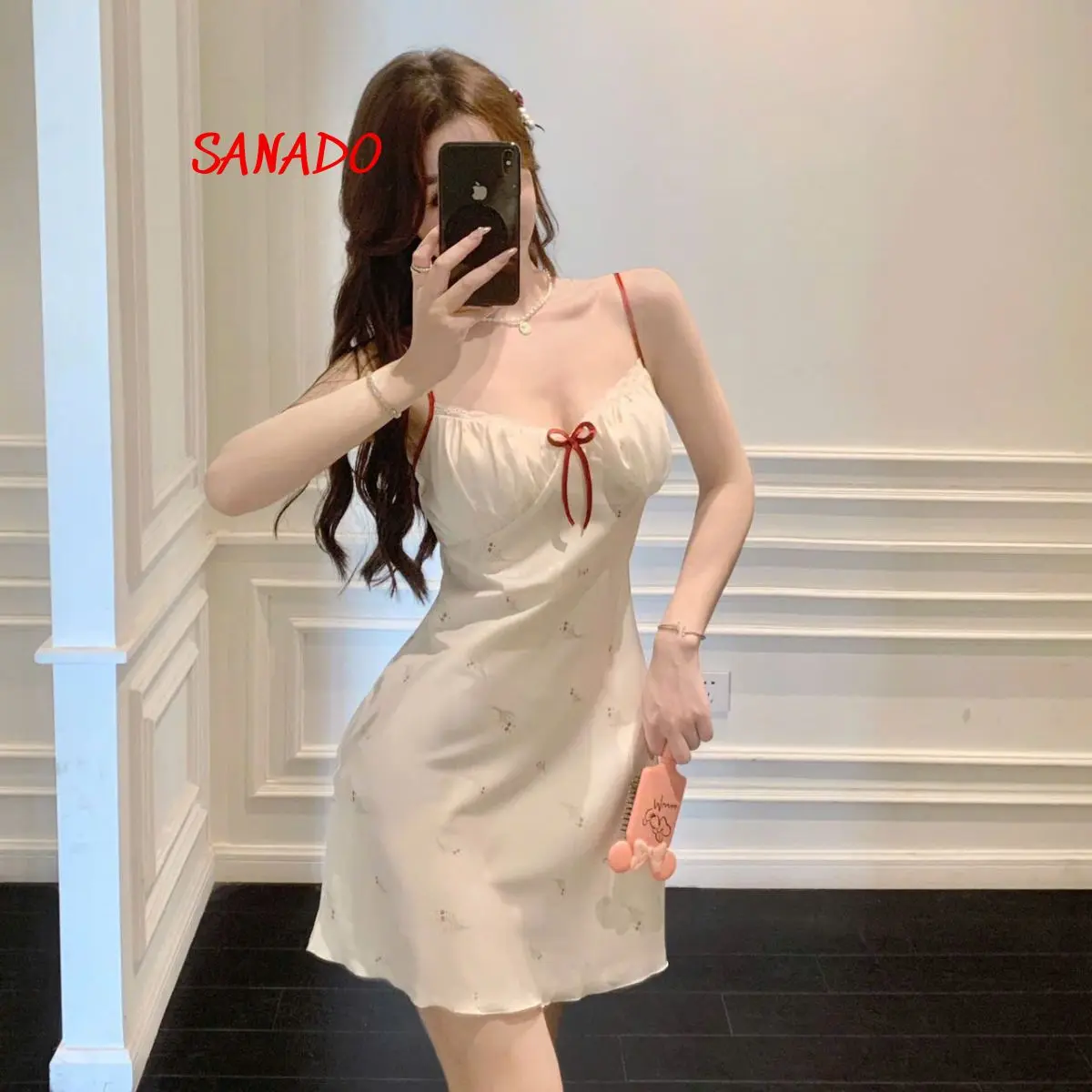 Váy Ngủ Lụa SANADO Váy Mặc Nhà 2 Dây Có Đệm hàng QC Mềm Mịn Mát V72