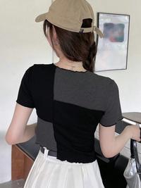 Gambar Women Crop Top Two Color Round Neck Short Sleeve 1802 (S/M/L) - Black Combi Grey, S dari 99koutlet Kab. Tangerang 5 Tokopedia