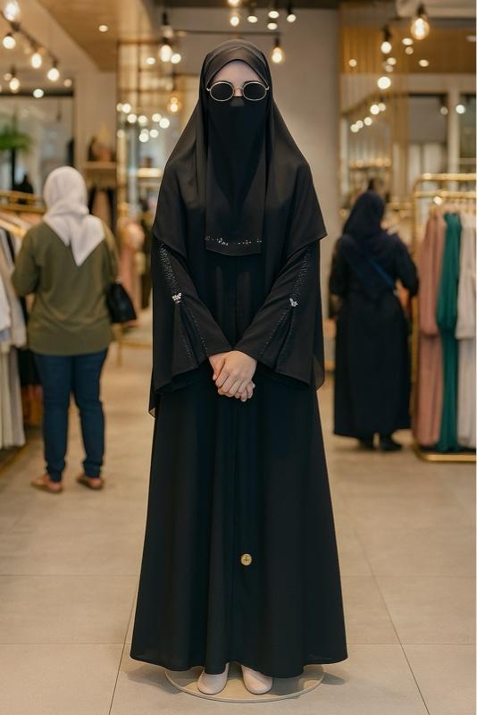 Abaya outer anaya full resleting depan Muslim Hitam Wanita Syari