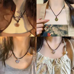 Kalung Rhona Retro Vintage Aksesoris Wanita Kece Manik Manik Tali HItam Terbaru
