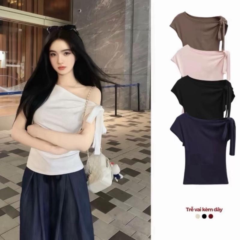 A67 Áo Kiểu Trễ Vai Kèm Dây Buộc Nơ Nữ Siêu Tôn Dáng size dưới 53kg