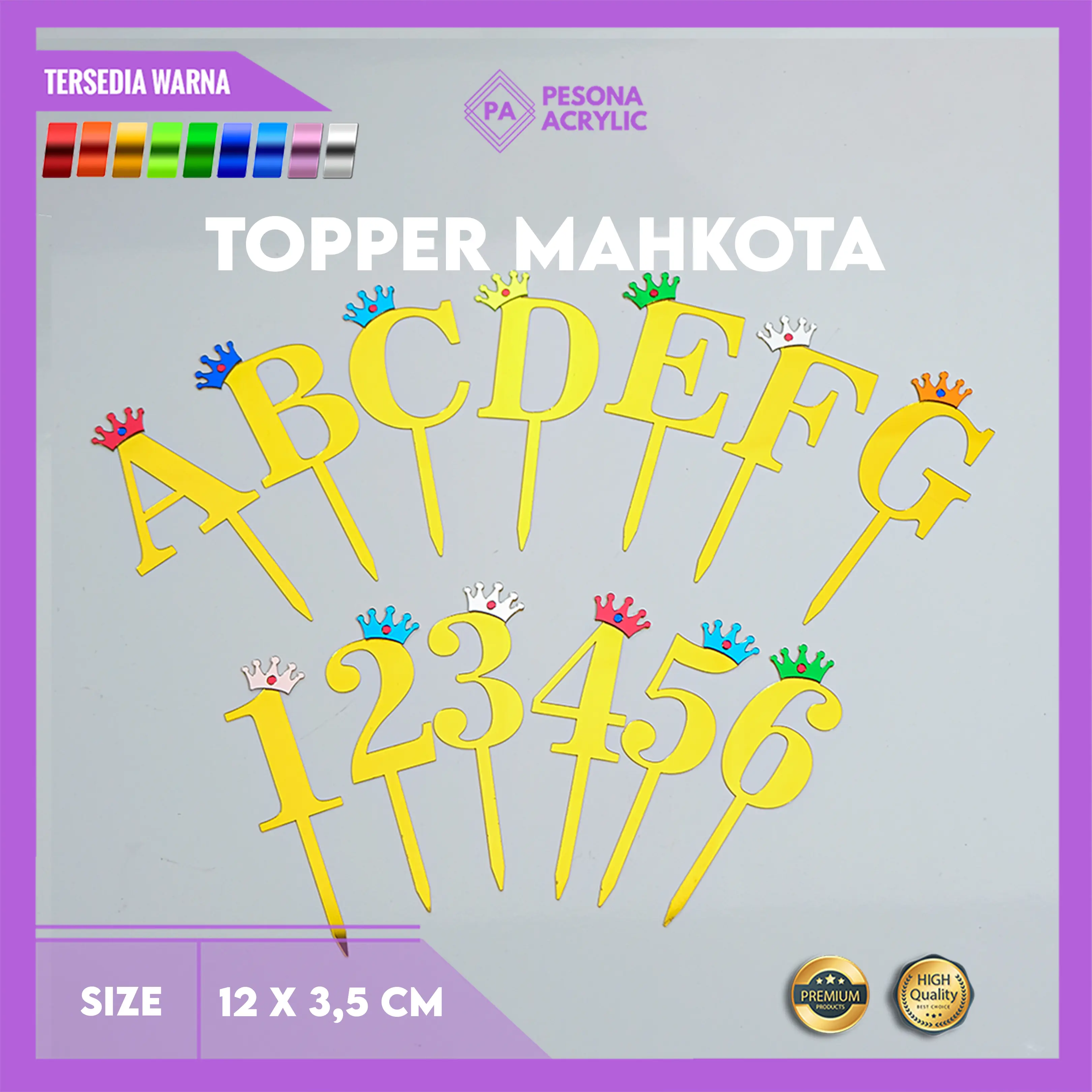 Topper Cake Akrilik Mirror Angka & Huruf Variasi Mahkota