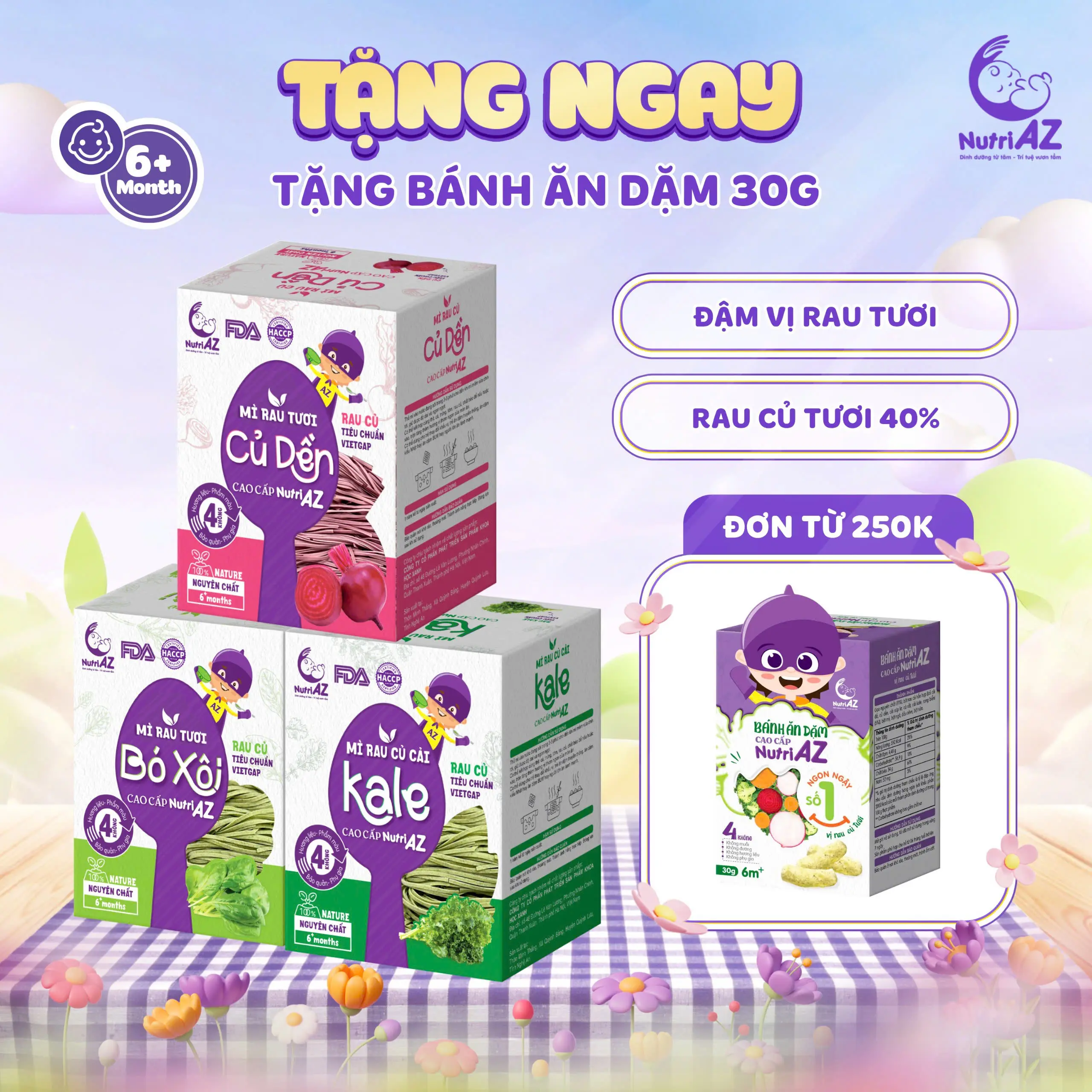 Mì Ăn Dặm Rau Củ Cao Cấp NutriAZ Rau Tươi Cho Bé Ăn Dặm Từ 6 Tháng Bổ Sung Vitamin, Canxi Và Chất Xơ, 120g