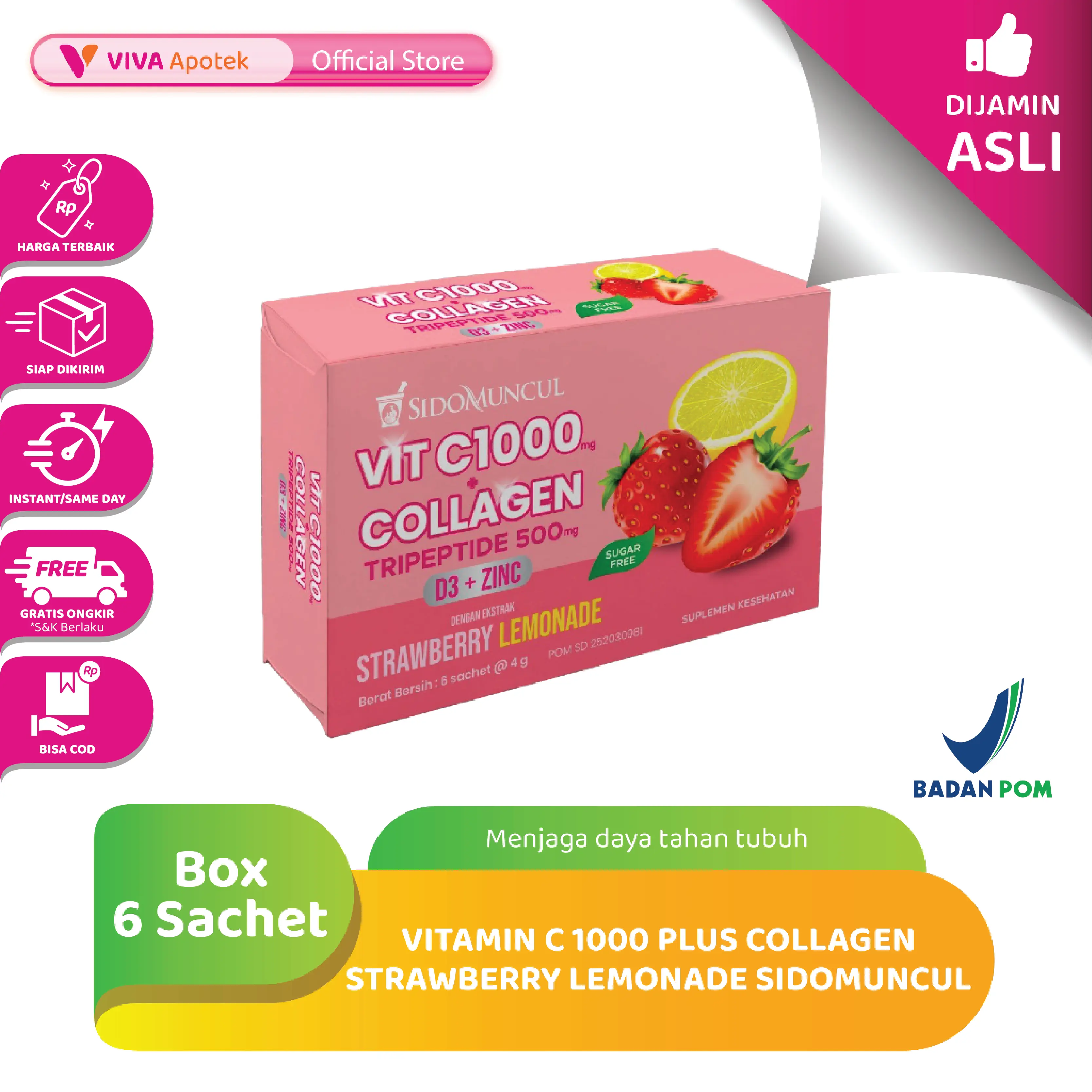 Vitamin C 1000 Plus Collagen Strawberry Lemonade Sidomuncul (Box - 6 Sachet)