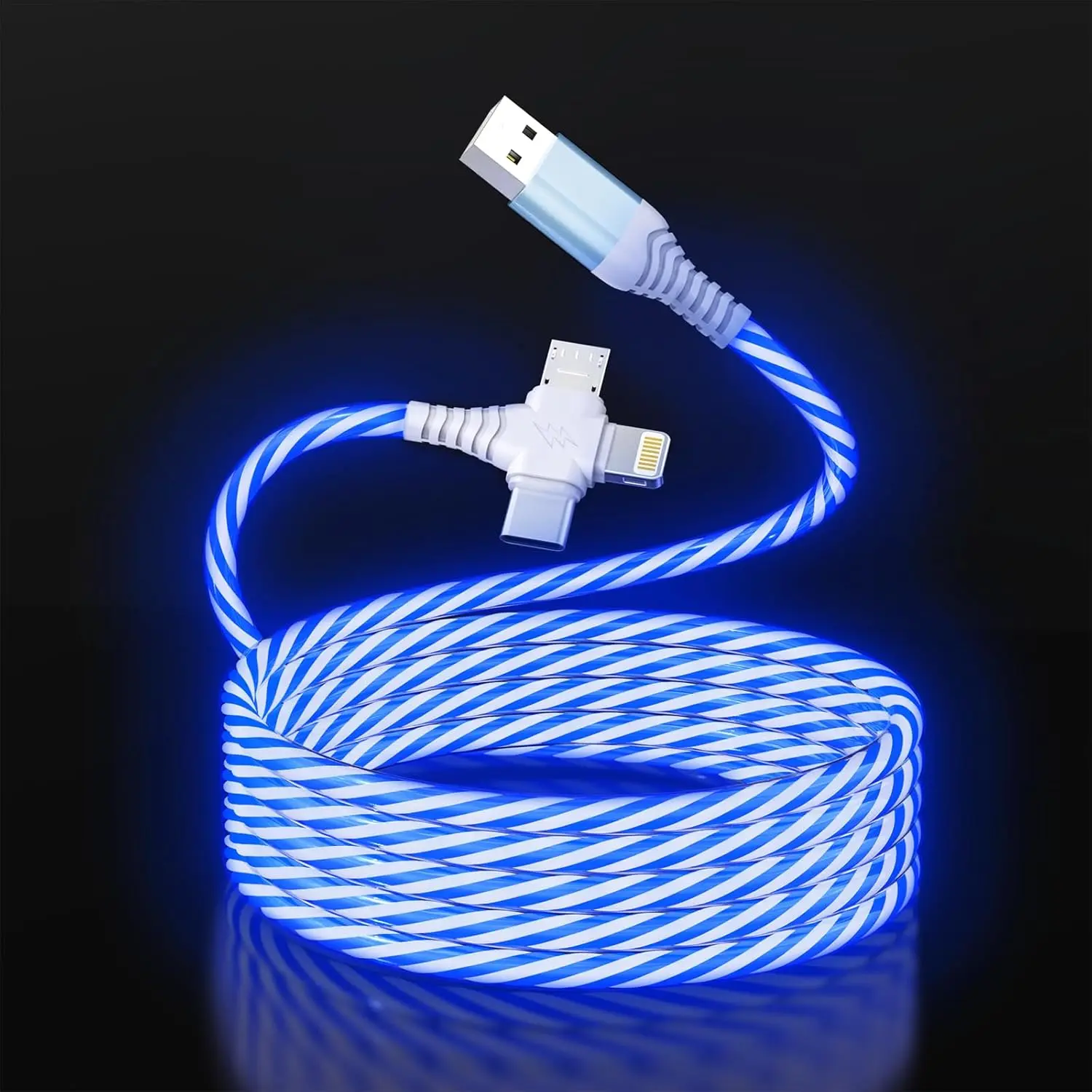 3-in-1 LED Light Up Flowing Multi iPhone Charger Cable, Lightning/Type C/Micro USB Car RGB Glowing Connector Cord for Apple iPhone 15/14/13/12/11 Pro Max/XR/XS/SE,iPad/Android/Samsung(6.6FT/2M Blue)