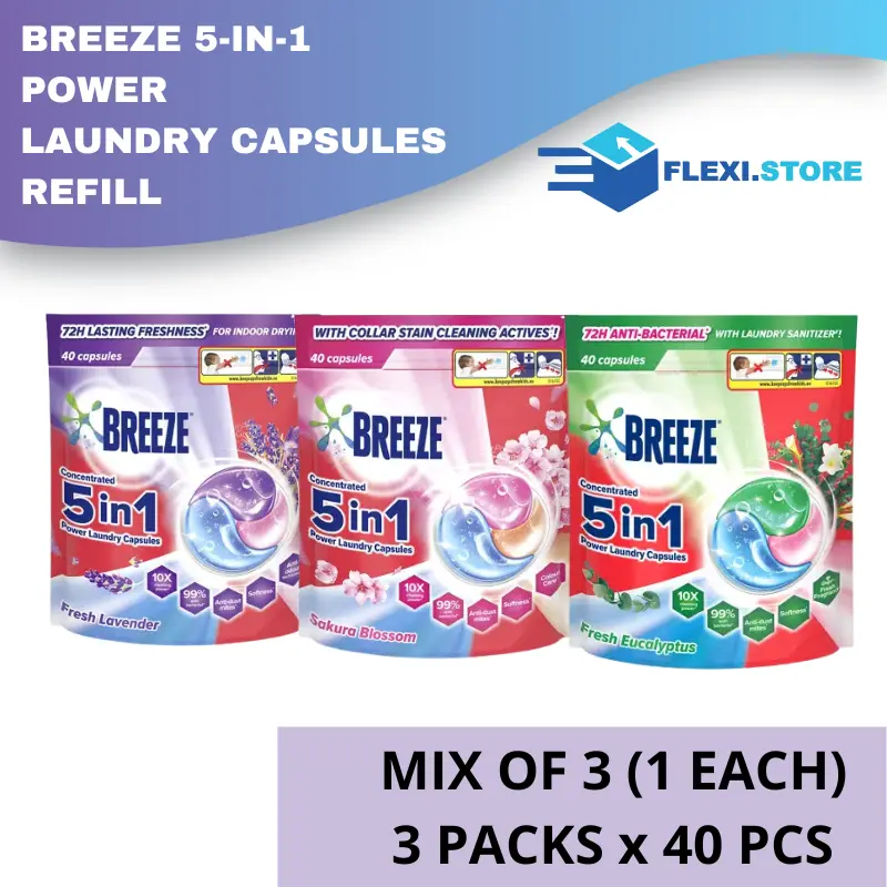 (Bundle of 3) Breeze 5-in-1 Power Laundry Capsules (40pcs/pack) laundry capsules fragrant laundry laundryliquid detergent