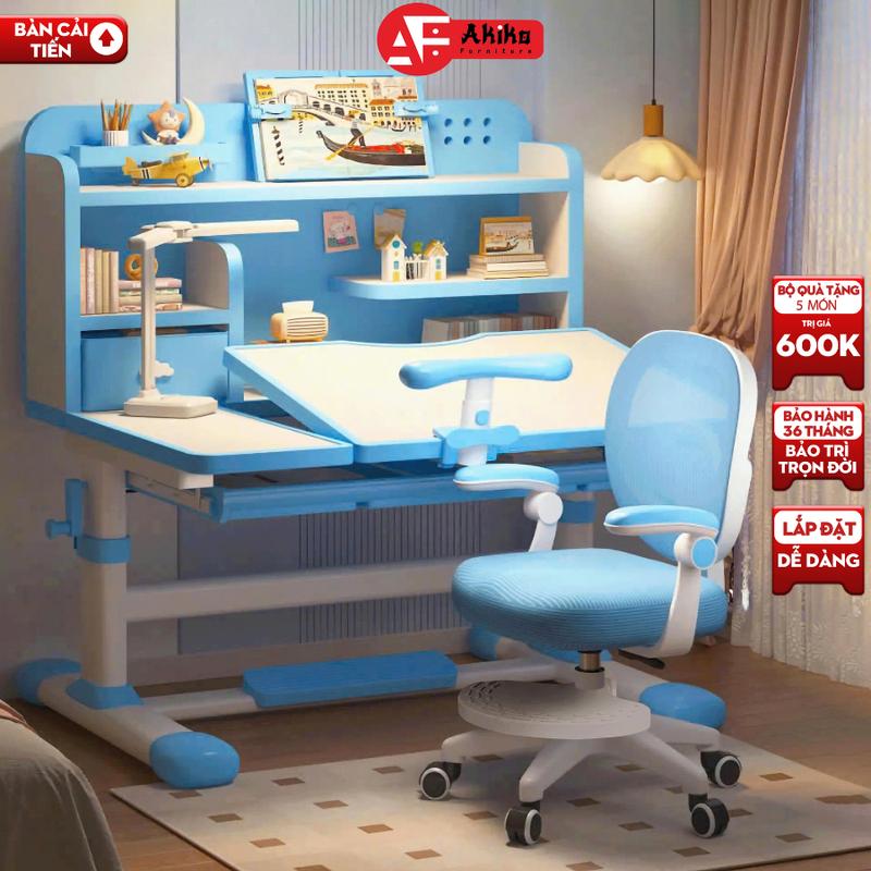 Bộ bàn học E06 PRO AKIKO Mặt bàn nghiêng 45 độ kệ sạch rông rãi cho bé Nâng cấp ghế xoay 360 độ có bánh xe