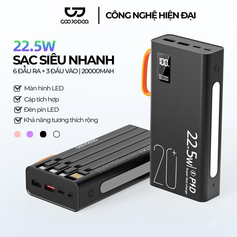 Sạc dự phòng mini, 22,5W, Sạc nhanh, Pin 20000mAh, có màn hình LED và chức năng đèn pin, GOOJODOQ