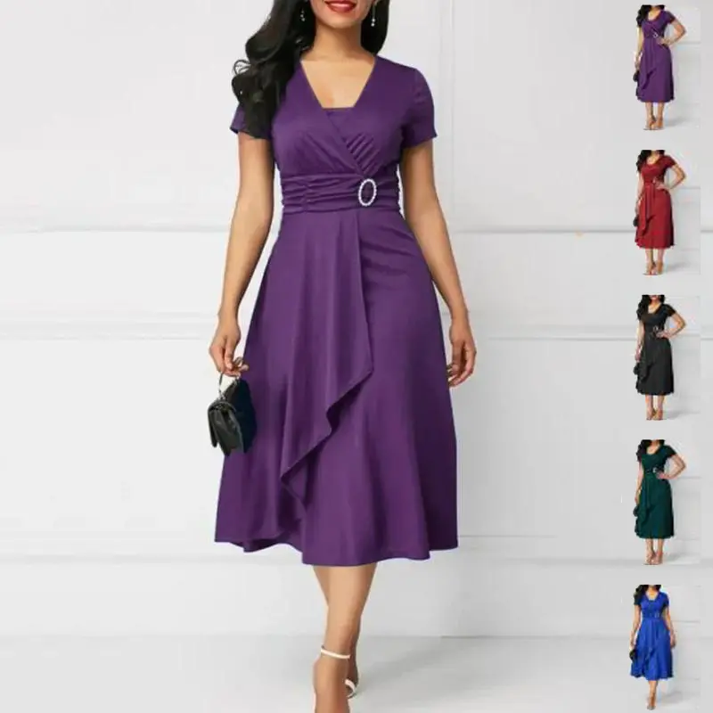 Summer Dresses Elegant Women Solid Color Short Sleeve V Neck Asymmetric Hem Waist Tight Midi Party Dress Ladies Evening Vestidos mocha  dress masquerade  prom  gown