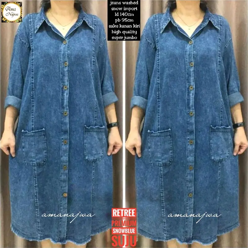 pirlo tunik , aurel tunik TUNIK JEANS JUMBO LD 140 super jumbo || Pirlo tunik jumbo, aurel tunik jumbo , retree tunik jumbo by ama najwa bahan jeans premium kancing aktiv 7