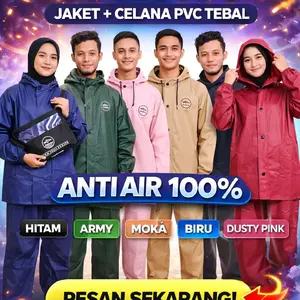 Jas Hujan PVC Setelan Jaket Celana Anti Air 100% Tebal Kuat Raincoat Pria Wanita
