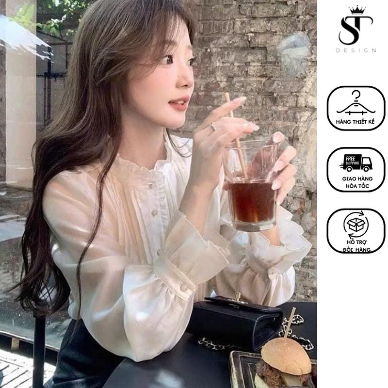 Áo sơ mi MÀU TRẮNG KEM tay bồng viền bèo tiểu thư phong cách cổ điển Pháp chất Tơ cao cấp nhập từ QC - ST Design - S06