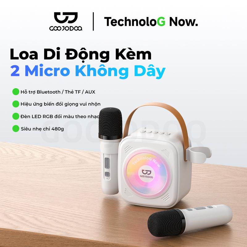 Loa Di Động kèm 2 Micro không dây ,Hỗ trợ Bluetooth /Thẻ TF/ AUX ,Hiệu ứng biến đổi giọng vui nhộn , Đèn LED RGB đổi màu theo nhạc ,Siêu nhẹ chỉ 480G