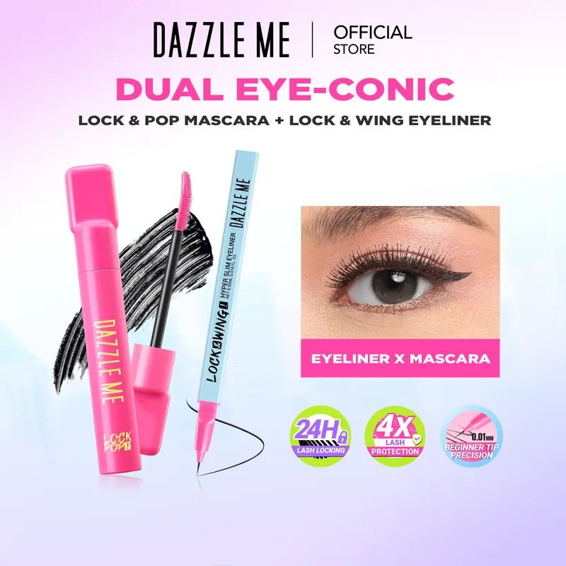 [PAKET EYE MAKEUP 2PCS] DAZZLE ME Dual Eye-conic Bundle Set Lock & Pop! Mascara VoluMAXing LongLASHting Long & Wing! Hyper Stay Slim Eyeliner Smudgeproof Waterproof Transferproof dan Tahan Lama 0