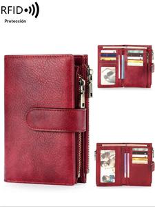 Cartera para mujer con múltiples compartimentos, doble plegado, antirrobo RFID, acabado cepillado, doble cremallera, bolsillo para monedas; regalo ideal para hombres y mujeres.