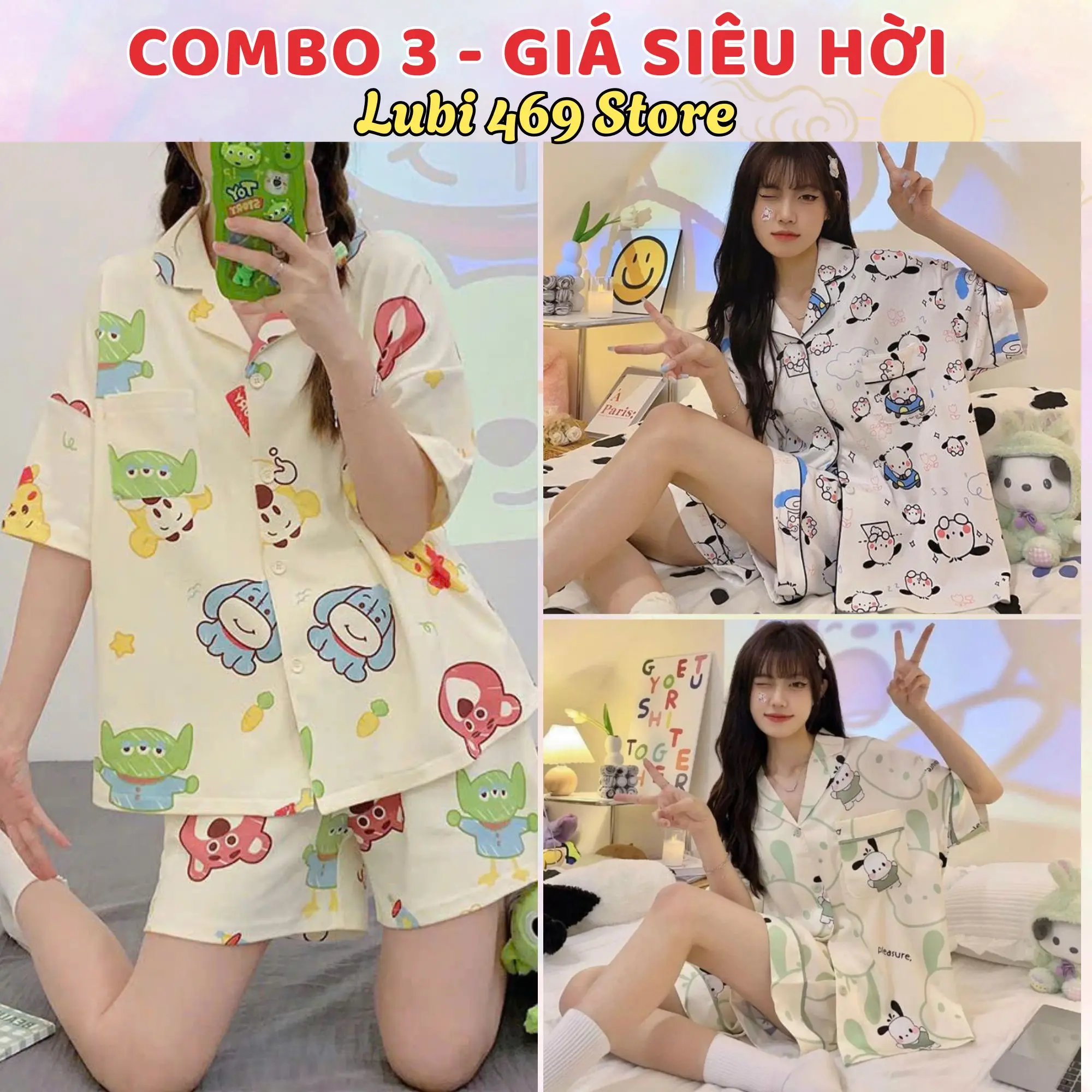 [Combo 3 - Giá Siêu Hời] Bộ Đồ Ngủ Pyjama Nữ Áo Cộc- Quần Cộc | Họa Tiết Cute Đáng Yêu | Size  M/L (35-60kg, Cao Dưới 1m60) | Mặc Nhà - Đi Chơi - Chụp Ảnh