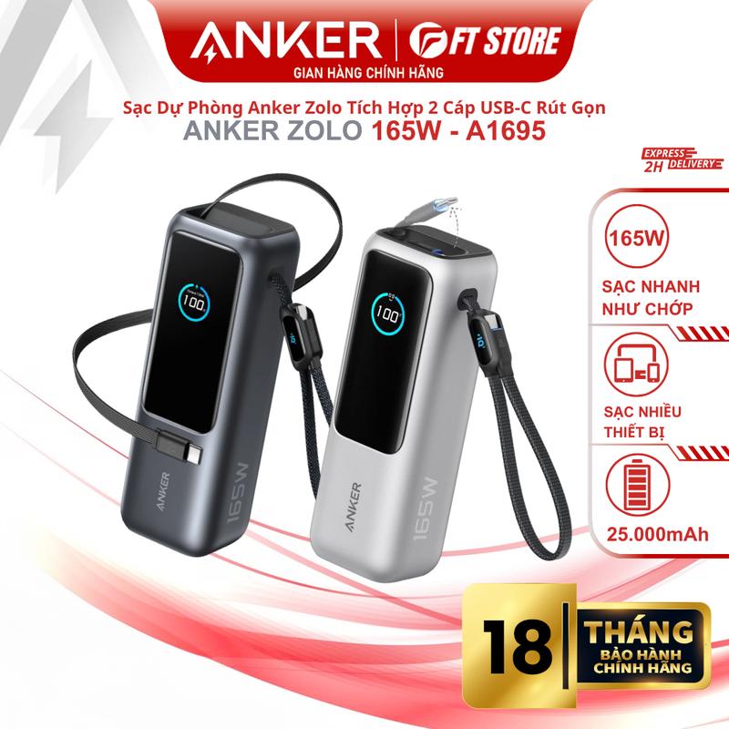 Pin dự phòng Anker Zolo Power Bank 25000mAh (A1695) - Công Suất 165W, 2 Cáp USB-C Tích Hợp - BH18TH FT Store