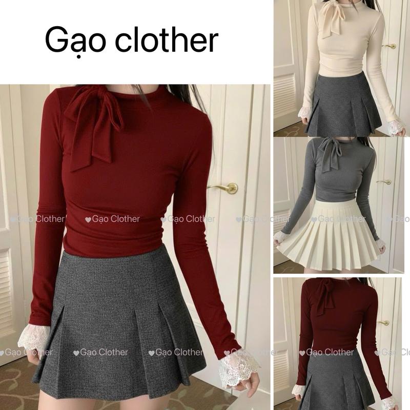  Size từ xs-2xl Deal mở bán  Áo nơ cổ cao phối tay ren tiểu thư nhẹ nhàng xinh sắn ấm áp phù hợp Noel Tết 