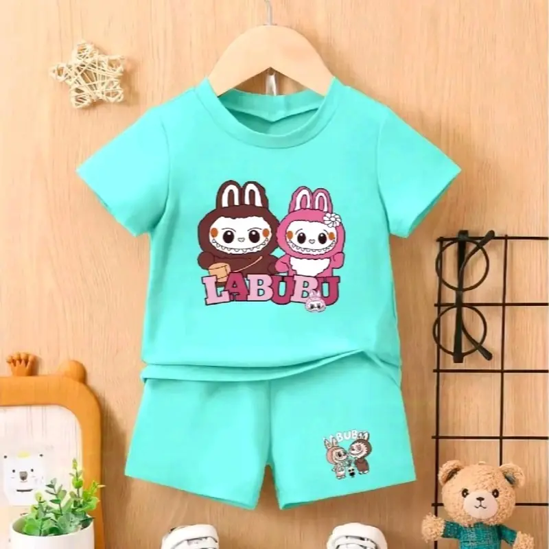 Setelan kaos anak labubu usia 1-8 tahun Katun Perempuan Parsel 4