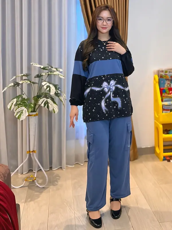 Setelan Cargo Lengan Panjang Oversize Terbaru LD 120 CM Setelan Wanita Atasan Lengan Karet dan Celana Cargo Fashion Muslim SR5632 2