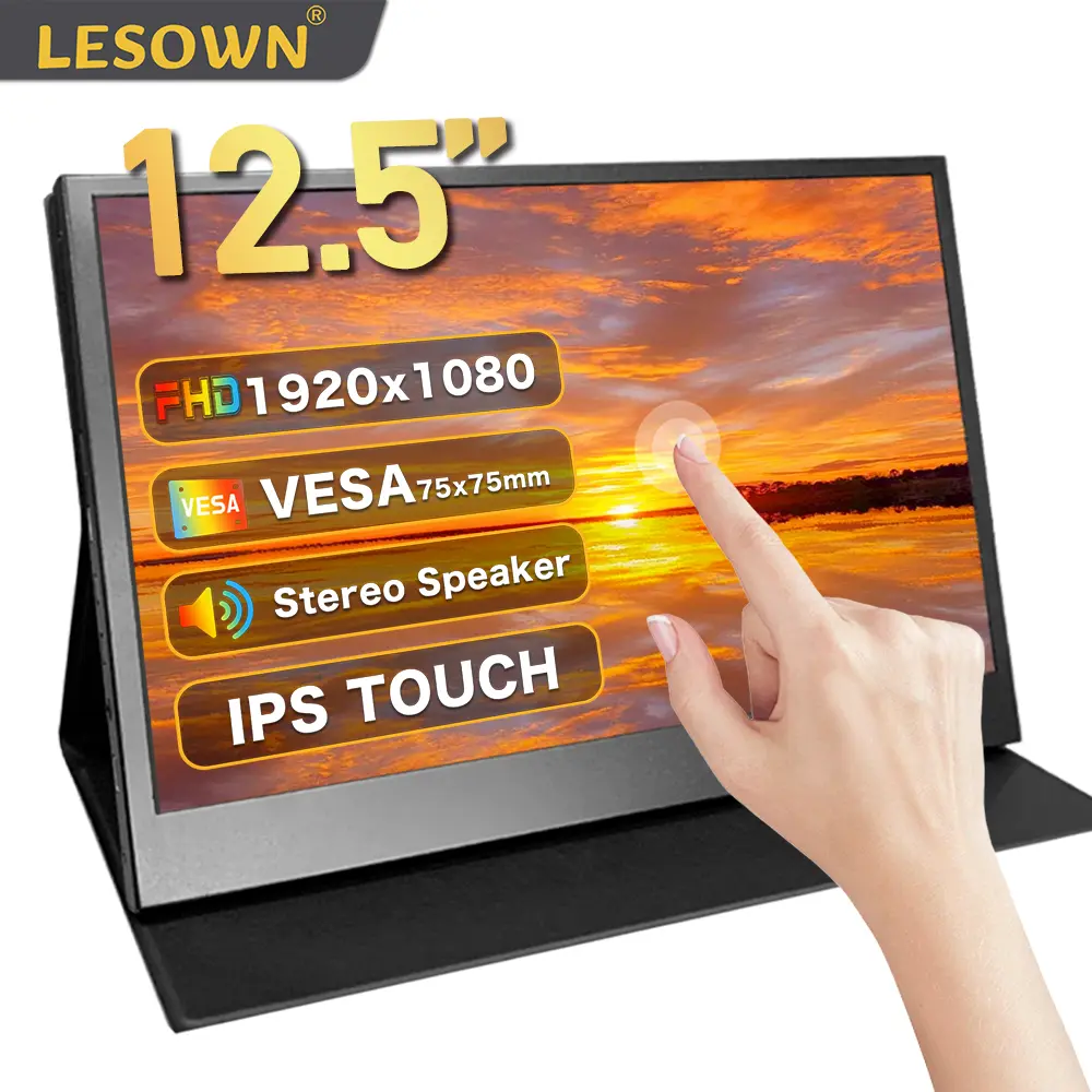 LESOWN 12.5 inch Small USB C HDMI Touchscreen Monitor FHD 1080P IPS Wide External Display with Speakers for Laptop PC Phone