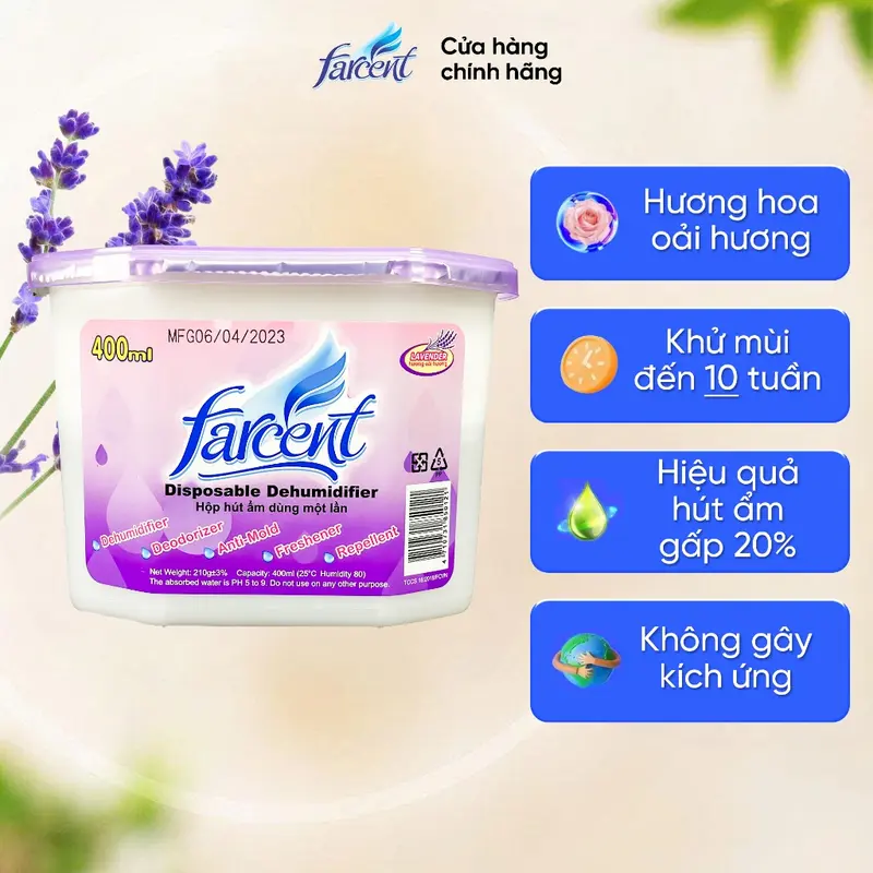 Hộp hút ẩm khử mùi, chống mốc chính hãng Farcent Hương Hoa Hồng/Oải Hương 500ml để tủ quần áo, tủ giày, toilet, xe ô tô 2