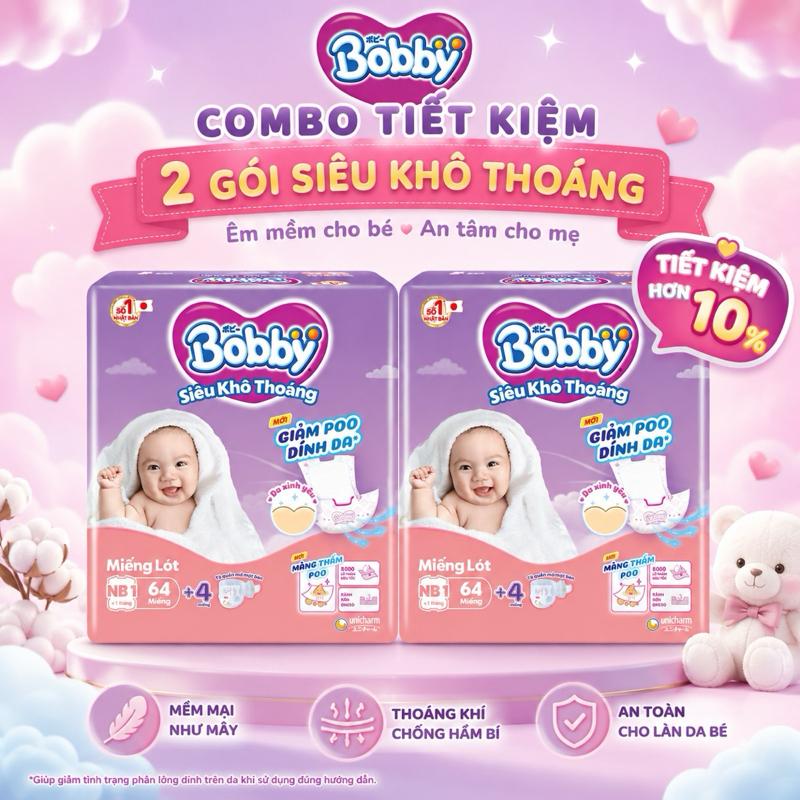 Bobby Miếng Lót NB1 Siêu Khô Thoáng 64 + 4 Miếng Giảm Poo Dinh Dã Cho Bé