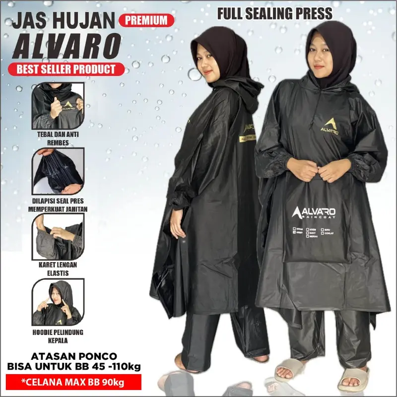 Jas Hujan Kelelawar Ponco Celana Mantel ALVARO Setelan Pria Wanita Raincoat Sealing Press Mantol Bahan PVC Anti Rembes 4