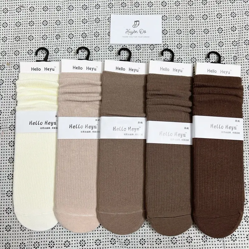 Sét 5 đôi tất cotton nữ cổ trung màu nâu kem phong cách dễ thương tối giản dễ phối đồ (TNU89) 2