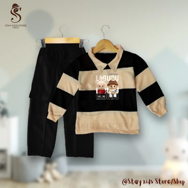 Stelan Anak Perempuan labubu viral 2025| Baju anak kekinian 3-12 tahun | kaos salur berkerah lengan panjang, Celana Motif Kargo crop one set | Pakaian lucu motif bergaris fasionable, santai dan nyaman, otfit labubu celana cargo modis | Fashion anak trendy 2