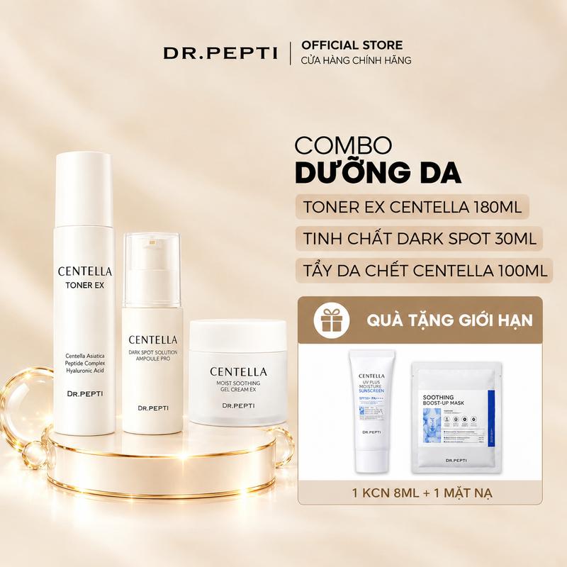 Combo Dưỡng Da Căng Bóng Dr.Pepti Toner EX 180ml + Gel Cream EX 70ml + Dark Spot Ampoule Pro 30ml Cấp Ẩm, Phục Hồi, Hỗ Trợ Mờ Thâm Serum Vitamin C milk Áo thun dáng