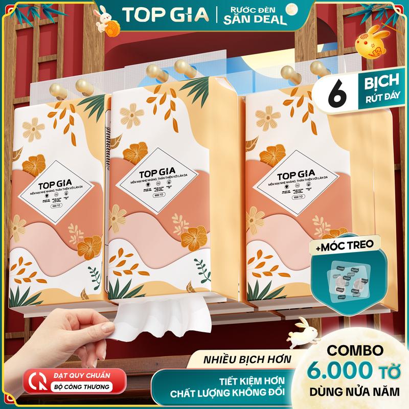 NB [6 BỊCH SIÊU CAO CẤP, ĐẶC BIỆT] Thùng 6 Bịch Khăn Giấy Tiểu Hạ TOP GIA 4 Lớp Mềm Mịn, Thành Phần Bột Gỗ Tự Nhiên, Khăn Giấy Vệ Sinh 1000 tờ, 4 lớp Tặng 2 móc treo tiện lợi Giấy Vệ Sinh giấy rút đa năng treo tường ĐẠT QUY CHUẨN CỦA BỘ CÔNG THƯƠNG VTG86